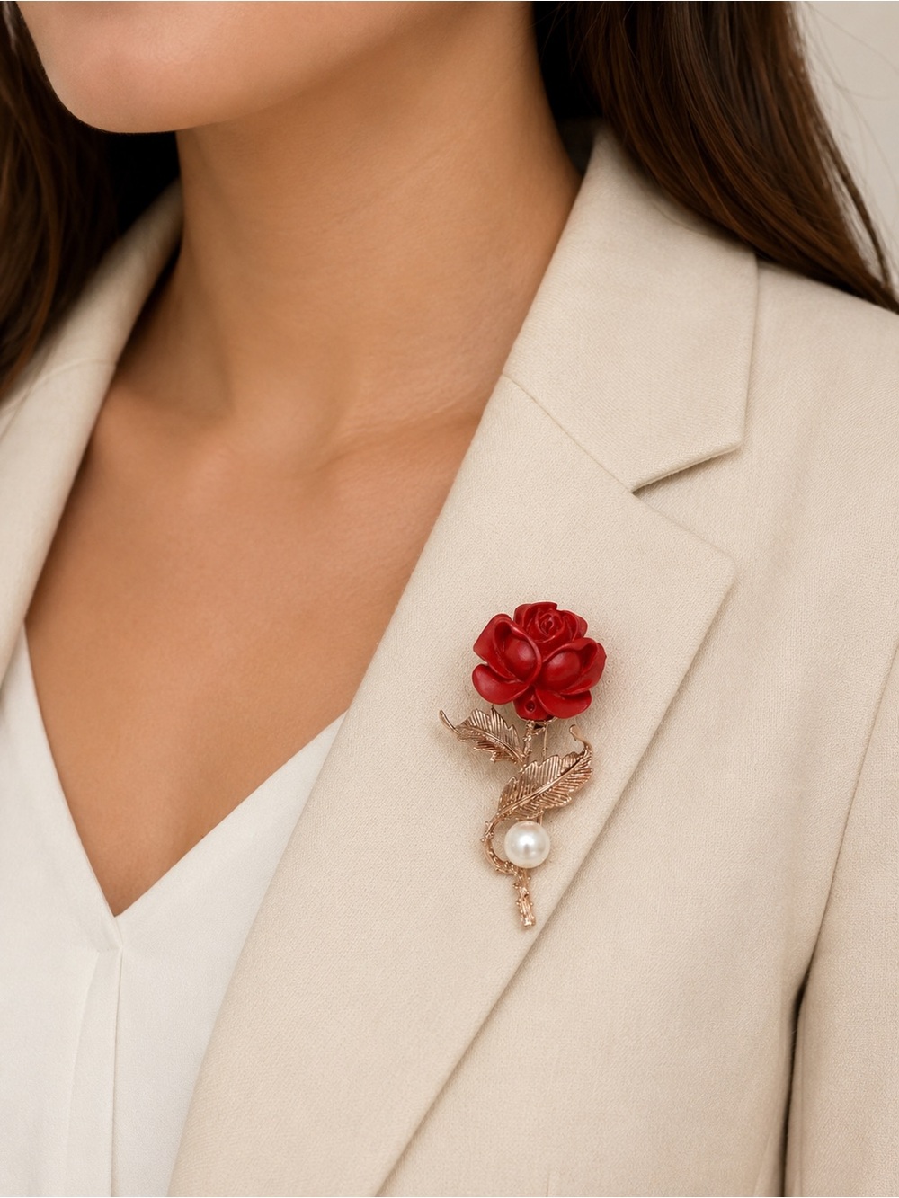 Red Rose Brooch Pin Rose Gold Tone Floral Lapel Pin Faux Pearl Statement Flower